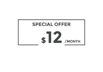 $12 USD Dollar Month sale promotion Banner. Special offer, 12 dollar month price tag, shop now button. Business or shopping promotion marketing concept
