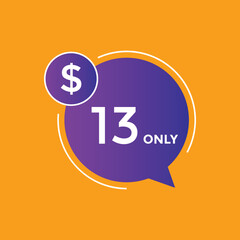 13 dollar price tag. Price $13 USD dollar only Sticker sale promotion Design. shop now button for Business or shopping promotion
