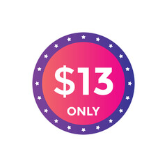 13 dollar price tag. Price $13 USD dollar only Sticker sale promotion Design. shop now button for Business or shopping promotion
