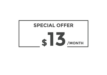 $13 USD Dollar Month sale promotion Banner. Special offer, 13 dollar month price tag, shop now button. Business or shopping promotion marketing concept

