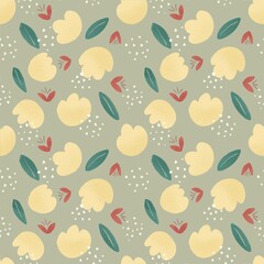 seamless pattern with hand draw flowers and leaves on grey background