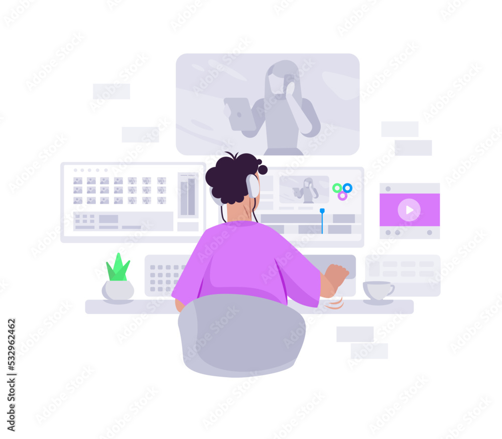 Poster video editor sitting at computer desk and creating project