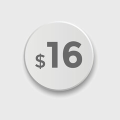 16 dollar price tag. Price $16 USD dollar only Sticker sale promotion Design. shop now button for Business or shopping promotion
