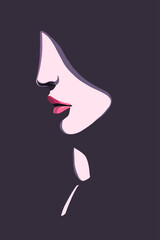 Minimalist woman profile, playing with light and shadow, vector fashion illustration, graphic art, beautiful nose and lips