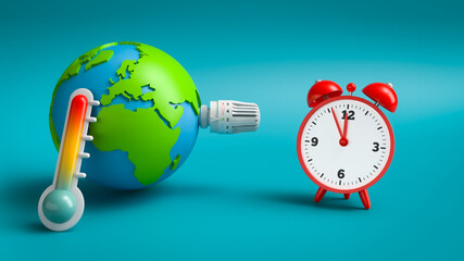 Erderwärmung - Klimawandel - Zeit zu handeln - Erde mit Thermostat zur Wärmereglung - Uhrzeit 5...