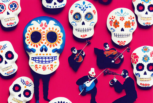 Day of Dead, Dia de los Muertos fiesta, skeleton in Mexican costumes and sombrero, play music and dance. Vector Dia de Los Muertos altar with marigold flowers and calavera skull.Collage digital art.