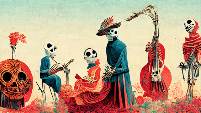 Day of Dead, Dia de los Muertos fiesta, skeleton in Mexican costumes and sombrero, play music and dance. Vector Dia de Los Muertos altar with marigold flowers and calavera skull.Collage digital art.