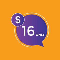 16 dollar price tag. 16$ dollar USD price symbol. price 16 Dollar sale banner in USD. Business or shopping promotion marketing concept
