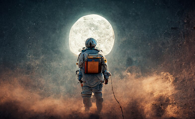 Obraz premium Astronaut on foreign planet in front of spacetime portal light. Science fiction universe exploration. Digital art painting Astronaut in the moon looking earth.lonely in planet.space background.explore