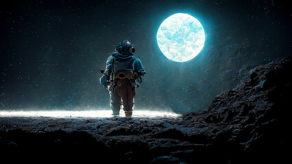 Astronaut on foreign planet in front of spacetime portal light. Science fiction universe exploration. Digital art painting Astronaut in the moon looking earth.lonely in planet.space background.explore