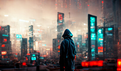 Digital illustration of a cyborg in a futuristic modern cyberpunk city.neon mega city with blue light.cityscape background.Modern buildings tech.night life cyberpunk, business district center.