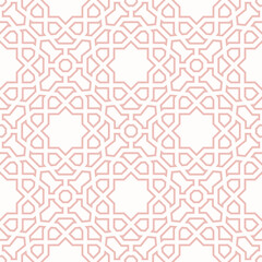 Seamless vector ornament in arabian style. Geometric abstract pink and white background. Grill with pattern for wallpapers and backgrounds