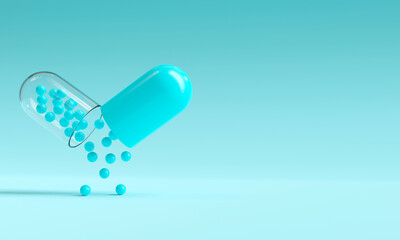 Capsule with granules background with copy space, can be used as medical mockup, template. 3D Rendering