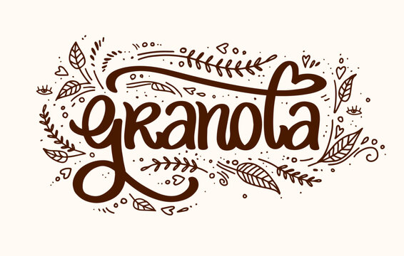 Granola logo vector. Muesli. Handmade calligraphy. Lettering, leaves with decorative elements. illustration healthy concept logotype. oatmeal porridge