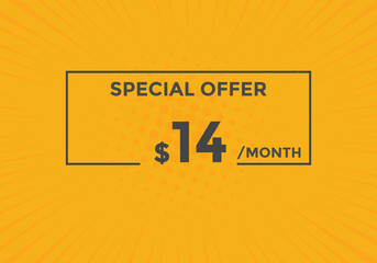 $14 USD Dollar Month sale promotion Banner. Special offer, 14 dollar month price tag, shop now button. Business or shopping promotion marketing concept

