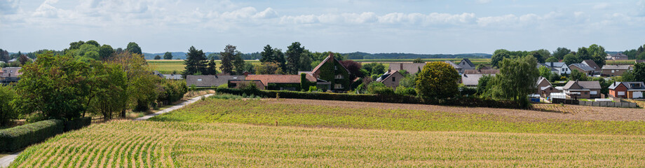 Tielt-Winge, Flemish Brabant, Belgium, Extra large panoramic view over green meadows and farmhouses