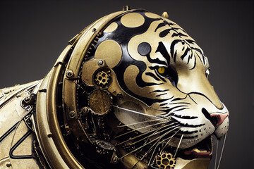Сlose-up of futuristic mechanical tiger. Abstract tiger portrait. Steampunk style animal. 3d illustration