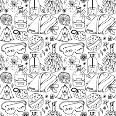 Sauna accessories sketches. Hand drawn doodle spa items collection. Vector outline object. Seamless pattern background