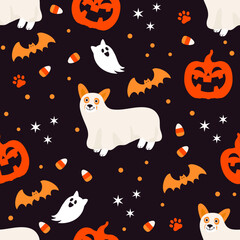 Halloween pumpkins seamless pattern vector illustration. Cute corgi in spooky ghost costume