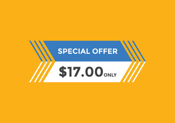 $17 USD Dollar Month sale promotion Banner. Special offer, 17 dollar month price tag, shop now button. Business or shopping promotion marketing concept
