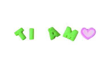 TI AMO, meaning I LOVE YOU in Italian spelled with lime green alphabet cookies and lilac...