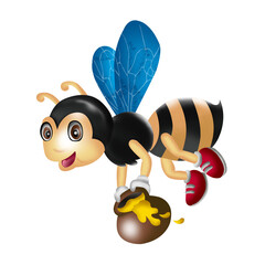 Digital illustration of honeybee flying with jar of honey