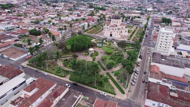 Batatais, Sao Paulo, Brazil - Circa June 2022: Aerial image of the city of Batatais, the city's central square.