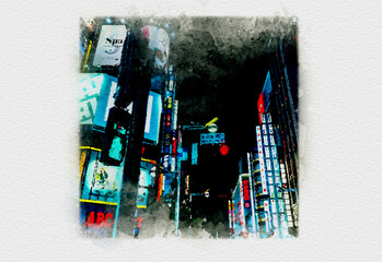 夜の繁華街、東京新宿のネオン街、新宿駅前の風景、夜の大都会