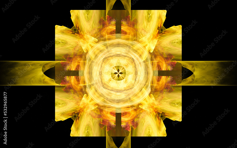 Poster abstract illustration of a computer generated fantastic emblem in various shapes and shades on a bla