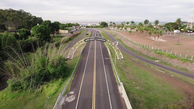 Batatais, Sao Paulo, Brazil - Circa June 2022: Aerial image of Batatais city, Gateway to the city.