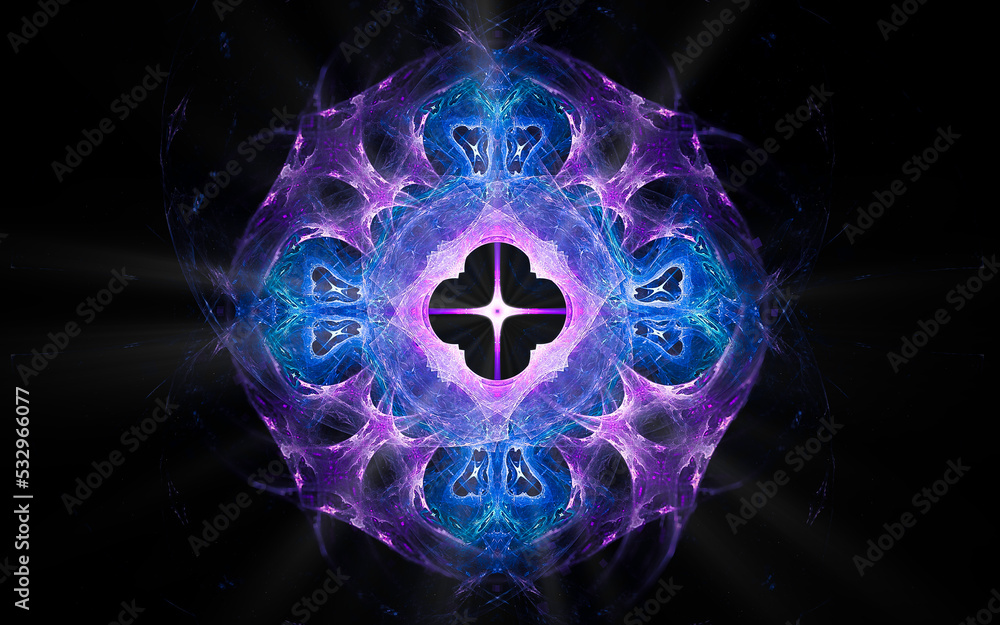 Poster abstract illustration of a computer generated fantastic emblem in various shapes and shades on a bla