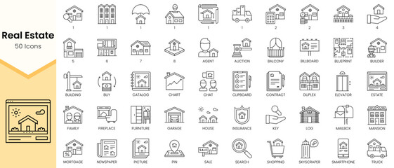 Fototapeta na wymiar Simple Outline Set ofReal Estate icons. Linear style icons pack. Vector illustration