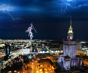 Obraz premium blur of the storm in the city and the view of the Palace of Culture and Science in Warsaw, Poland