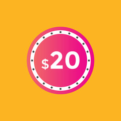 20 dollar price tag. 20$ dollar USD price symbol. price 20 Dollar sale banner in USD. Business or shopping promotion marketing concept
