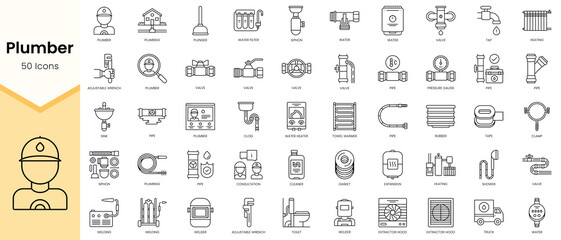 Simple Outline Set ofPlumber icons. Linear style icons pack. Vector illustration