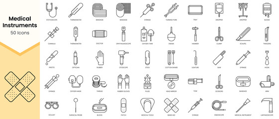 Simple Outline Set ofMedical Instruments icons. Linear style icons pack. Vector illustration