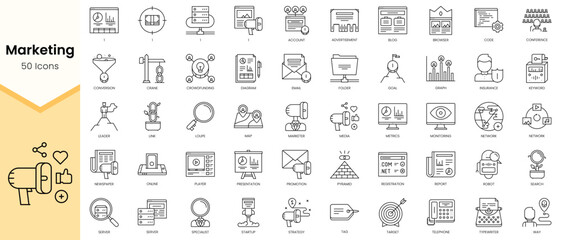 Obraz na płótnie Canvas Simple Outline Set ofMarketing icons. Linear style icons pack. Vector illustration