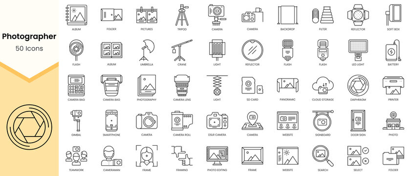 Simple Outline Set ofPhotographer icons. Linear style icons pack. Vector illustration