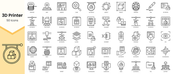 Naklejka na ściany i meble Simple Outline Set of3D Printer icons. Linear style icons pack. Vector illustration