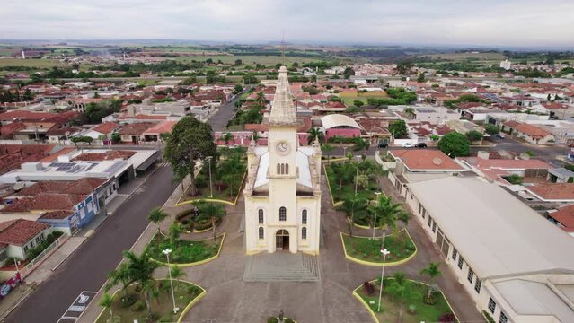 Brodowski, S&atilde;o Paulo ,Brazil - Circa june 2022: Aerial image of Brodowski city, mother church.