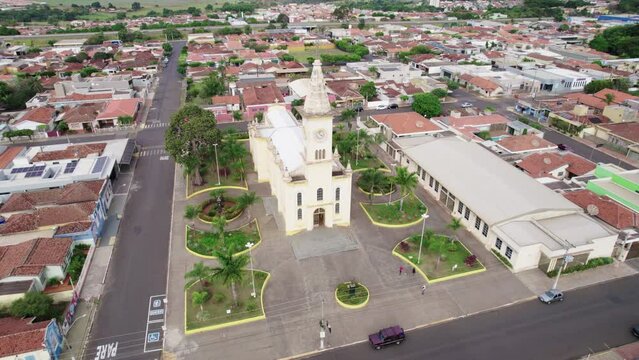 Brodowski, S&atilde;o Paulo ,Brazil - Circa june 2022: Aerial image of Brodowski city, mother church.
