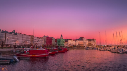 A Coruña sunset port marina in Galicia, Spain