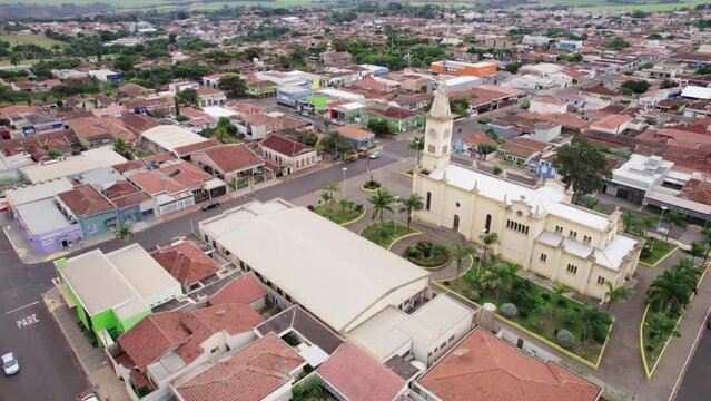 Brodowski, S&atilde;o Paulo ,Brazil - Circa june 2022: Aerial image of Brodowski city, mother church.