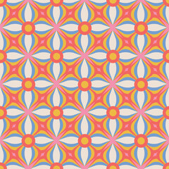 70's Retro Seamless Pattern with geometric flowers. 60s and 70s Aesthetic Style. Vector colorful vector illustration.