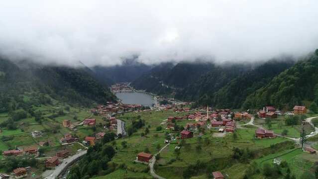 Aeriel view Tabzon Uzungol. Misty mountains and village, Trabzon, Turkey.