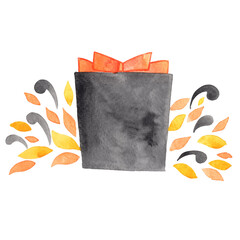 Halloween gift box with fall leaves watercolor illustration for decoration on Halloween festival.