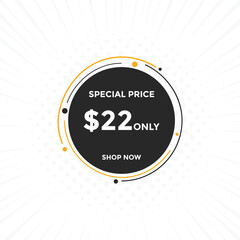 $22 USD Dollar Month sale promotion Banner. Special offer, 22 dollar month price tag, shop now button. Business or shopping promotion marketing concept
