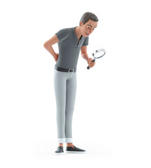 3d character man looking through magnifying glass