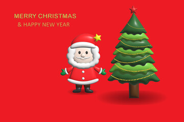 3D Realistic cartoon santa claus and christmas tree decorations with gifts winter holiday design elements isolated white