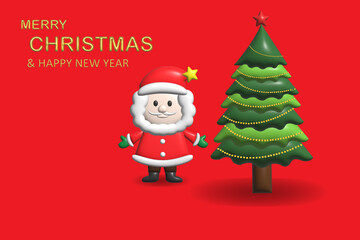 3D Realistic cartoon santa claus and christmas tree decorations with gifts winter holiday design elements isolated white